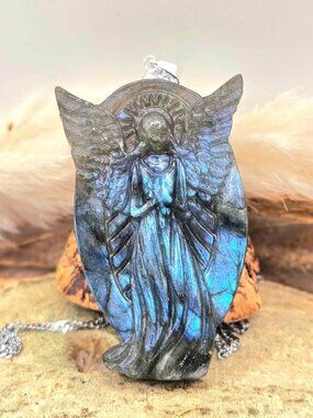 Nature Labradorite Carved Flashy Praying Angel Pendant Necklace